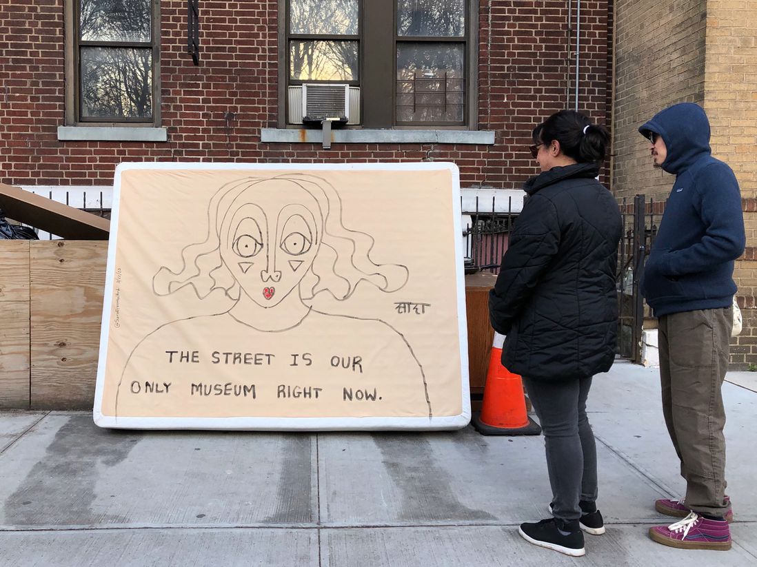 A photo of a mattress reading "the street is our only museum right now"